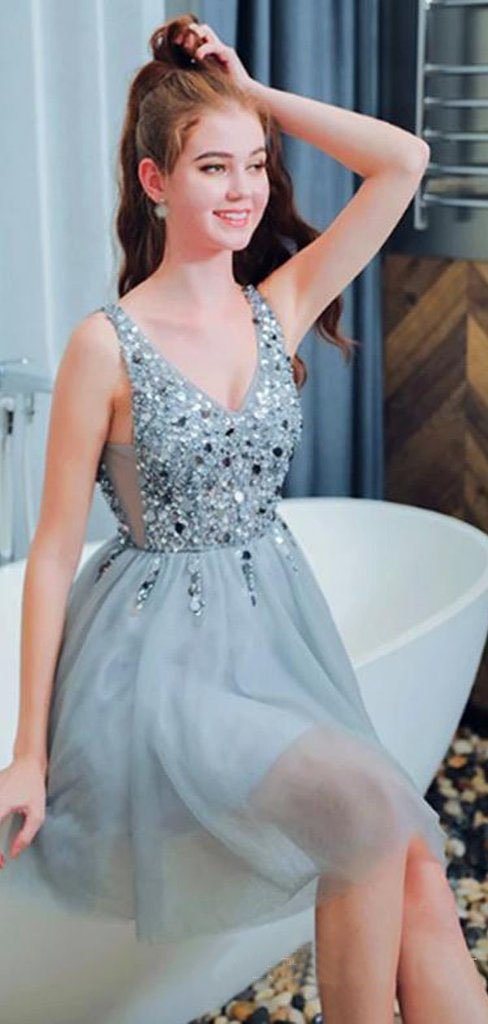 Bling A Line V Neck Light Blue Short Homecoming Dresses With Beading DMO42