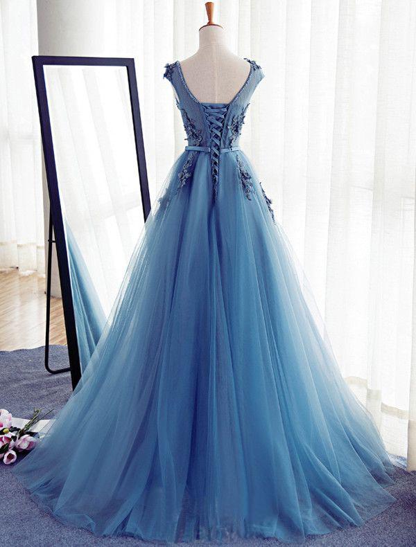 Charming Long Tulle Handmade A Line Blue Prom Gowns,Best Formal Women Dress DM243