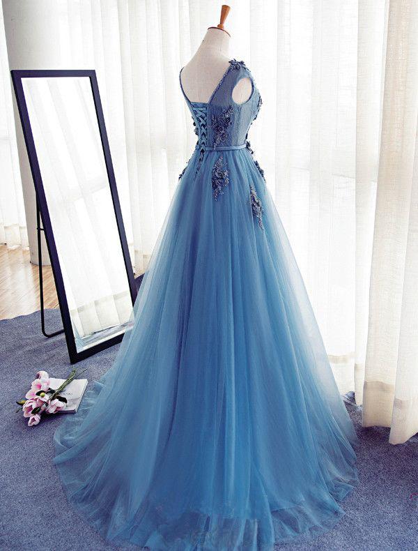 Charming Long Tulle Handmade A Line Blue Prom Gowns,Best Formal Women Dress DM243