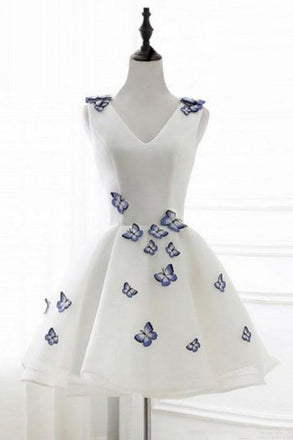 V-Neck Ivory Short Chic Butterfly Ivory A Line Short Homecoming Dress DMA62