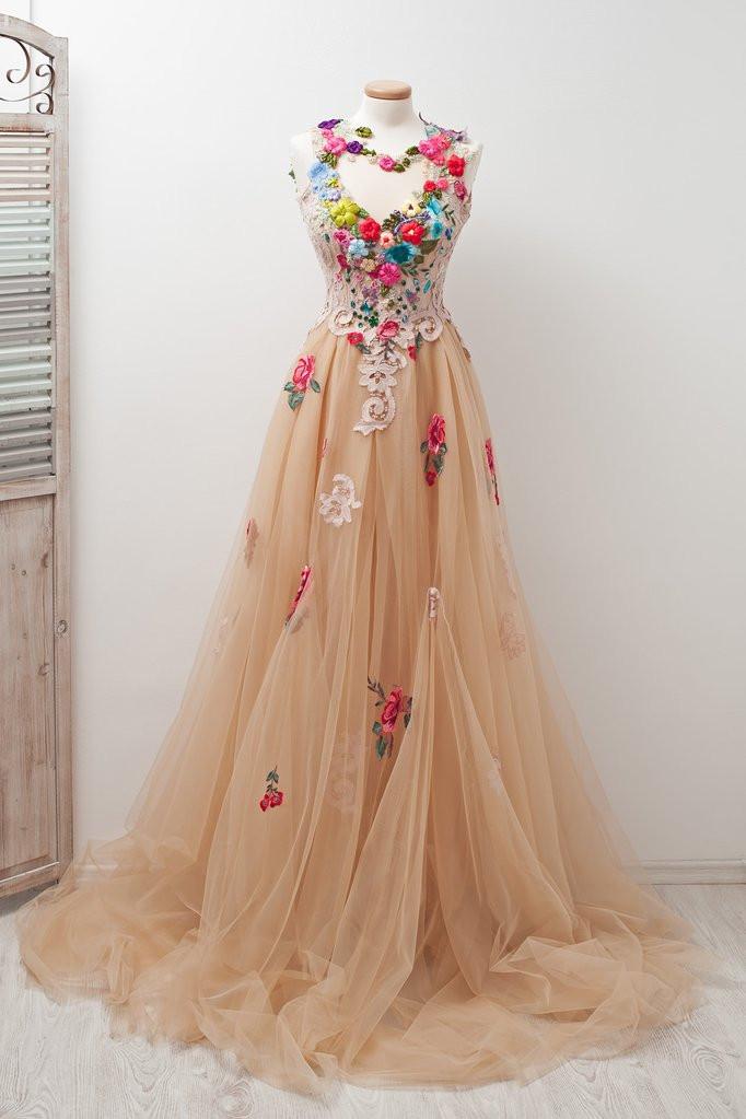A-line Sleeveless Open Back Appliques Tulle Long Prom Dress Flowers DME81