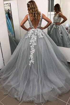 Gray V Neck Long Prom Dress for Teens, Puffy Appliqued Ball Gown with Beading DMH75