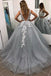 Gray V Neck Long Prom Dress for Teens, Puffy Appliqued Ball Gown with Beading DMH75