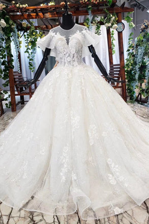 Elegant Ball Gown Big Wedding Dresses, Appliques Bridal Dress with Short Sleeves DMN73