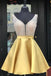A Line V Neck Sleeveless Homecoming Dress, Beading Satin Short Prom Dresses DMN41
