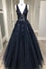 Deep V Neck Appliqued Prom Dresses See Through Floor Length Formal Dresses DMS4