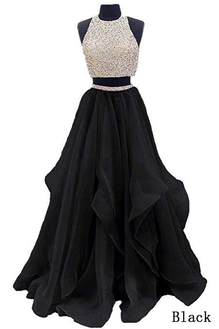 Two Piece Floor Length Burgundy Prom Dress Beaded Open Back Evening Gown DM603