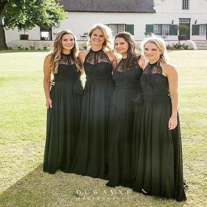 Pretty Black Chiffon Lace A Line Long Halter Bridesmaid Dresses DMG50