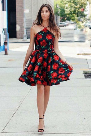 A-Line Cross V-Neck Above Knee Floral Satin Homecoming Dresses DMO44