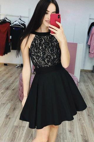 Black Lace Cheap Homecoming Dresses, A Line Sleeveless Short Prom Dress DMM36