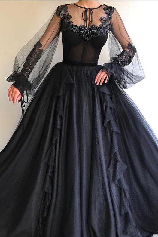 Black Long A-line Tulle Prom Dress, Long Sleeves Modest Evening Gown DMG82