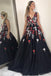 Charming V-Neck Black Floral Appliques Beading Sleeveless Long Prom Dress DMI40