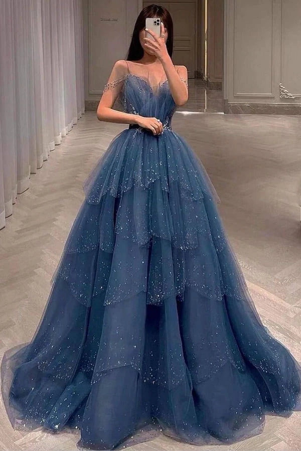 Chic Blue Sparkly Tulle Ball Gown Prom Dresses, Long Formal Gown With Rhinestone DMP156