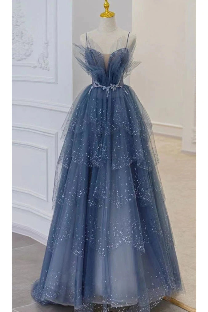 Chic Blue Sparkly Tulle Ball Gown Prom Dresses, Long Formal Gown With Rhinestone DMP156