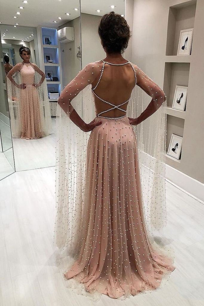 Blush Pink A Line Backless Long Prom Dresses with Pearls DMN79