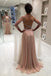 Blush Pink A Line Backless Long Prom Dresses with Pearls DMN79