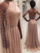 Blush Pink A Line Backless Long Prom Dresses with Pearls DMN79