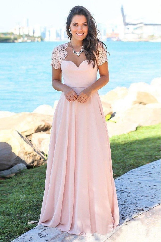 Pink Maxi Bridesmaid Dresses Short Sleeve Beach Wedding Guest Dresses DMO14
