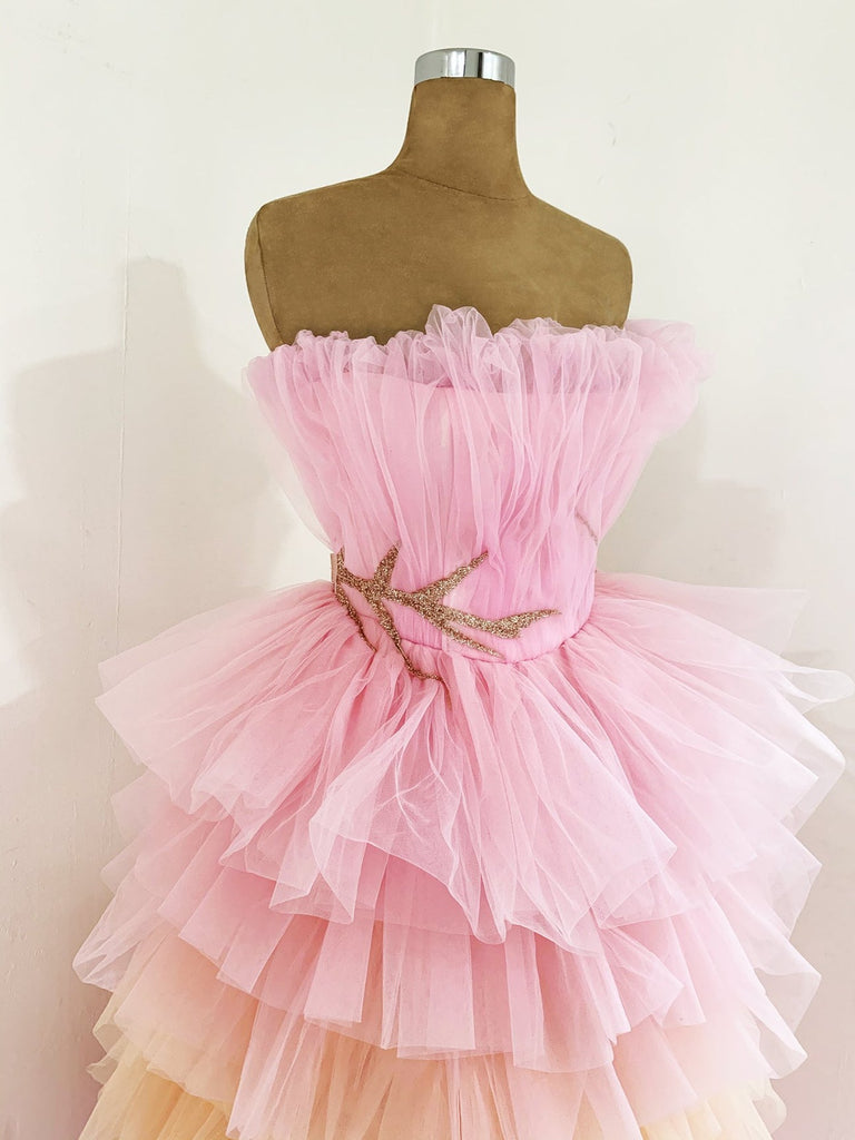 A Line Strapless Layers Tulle Long Prom Dresses, Cute Cake Dress, Formal Evening Gown DMP177