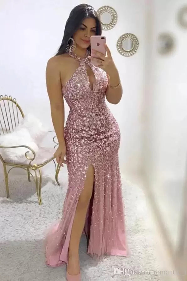 Blush Pink Sheath Prom Dress Sparkly Slit Front Mermaid Formal Evening Gowns DMP162