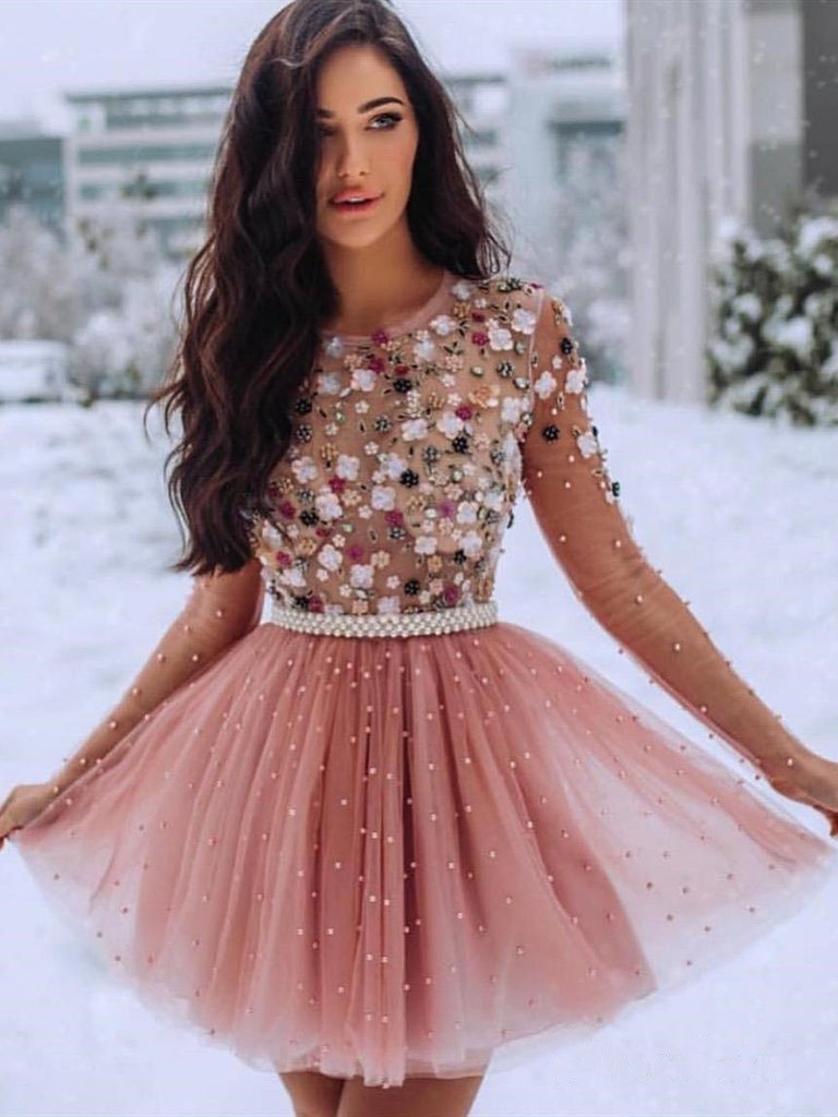 Blush Pink Short Prom Dresses 3D Flowers Beaded Homecomingl Dresses DMP5