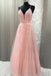 Blush V Neck Prom Dress with Straps, Long Prom Gown with Appliques DMJ49