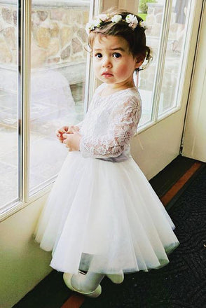 Long Sleeves Light Ivory Lace Tulle Flower Girl Dress With Silver Sash DM206