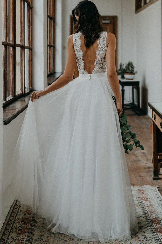 Bohemian Lace Top V Neck Tulle Long Summer Wedding Dresses For Bride DMW44