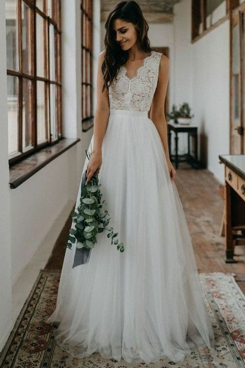 Bohemian Lace Top V Neck Tulle Long Summer Wedding Dresses For Bride DMW44