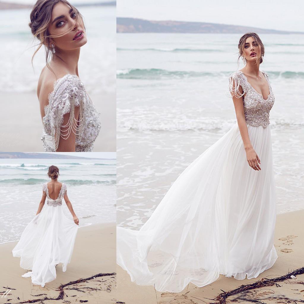 stunning Beading A Line Round Neck Sexy Long Beach/Coast Wedding Dresses DM266