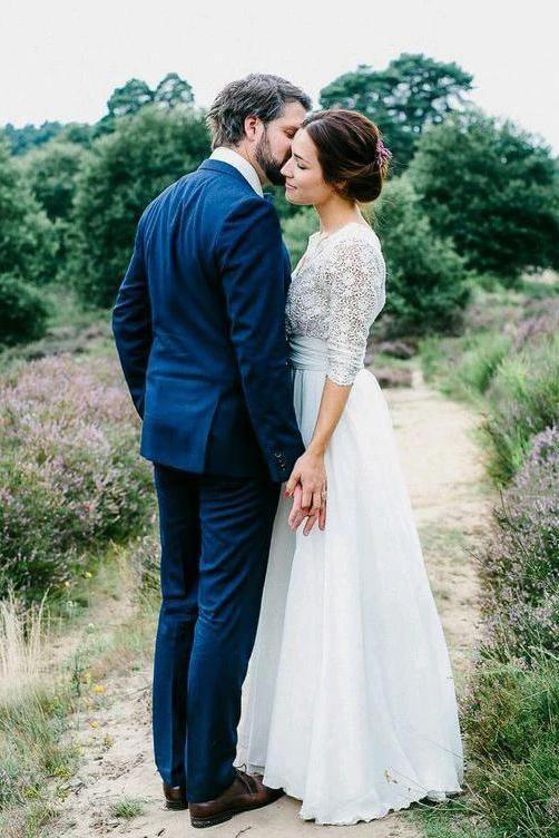 3/4 Sleeves Chiffon Beach Wedding Dress with Lace, V Neck Backless Bridal Dress DMN90