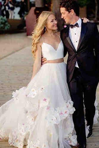 Spaghetti Straps Off White Two Piece Wedding Dress, Long Tulle Pron Gown DMG79