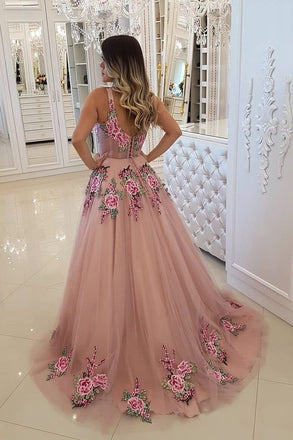 Broad Strap Floral Appliqued Long Prom Dresses Cheap A Line Evening Dress DMI3