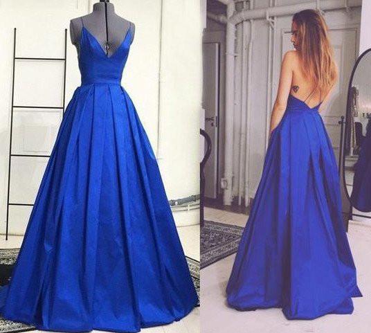 Royal Blue Backless Sexy A Line Long Simple Ball Gown Spaghetti Strap Prom Dresses  DM146