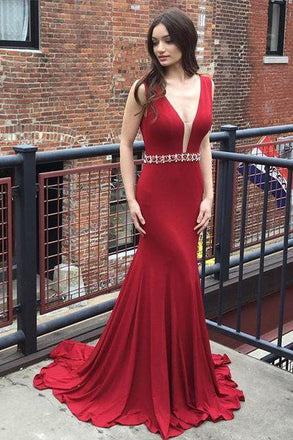 Red Deep V Neck Mermaid Evening Prom Dresses, Long Sexy Party Prom Dress DM118