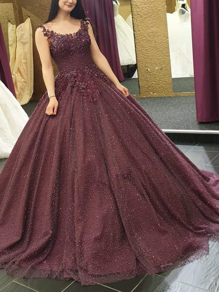 Burgundy Long Formal Ball Gown Prom Dresses With Lace Applique DMK52