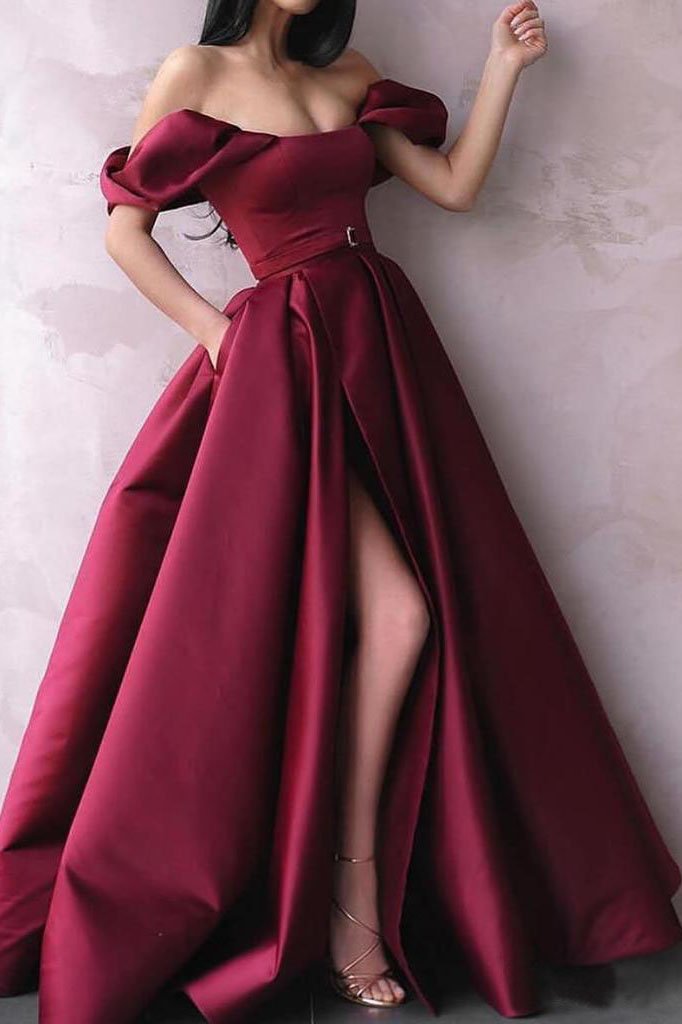 Burgundy Off The Shoulder Prom Dresses Long Formal Dresses With Slit DMKK48