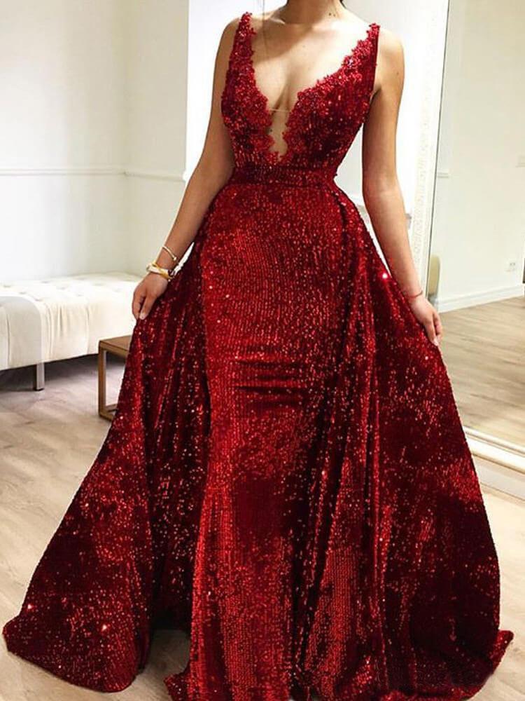 Burgundy Sequins Long V Neck Prom Dresses Lace Evening Dresses DMP1