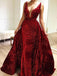 Burgundy Sequins Long V Neck Prom Dresses Lace Evening Dresses DMP1