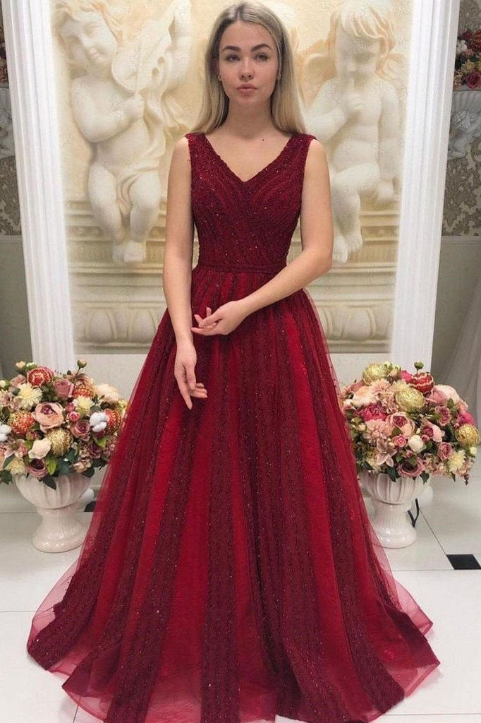 Burgundy V Neck Sleeveless Beaded Prom Dresses Sweep Train Dresses DMO89