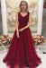 Burgundy V Neck Sleeveless Beaded Prom Dresses Sweep Train Dresses DMO89