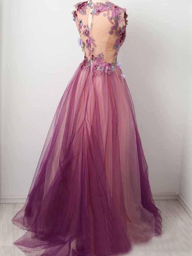 Tulle Flower A Line Prom Dresses Scoop neck Appliqued Party Dress DMP15