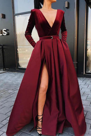 Burgundy V-neck Long Sleeves Prom Dresses Formal Dresses With Slit DMK50