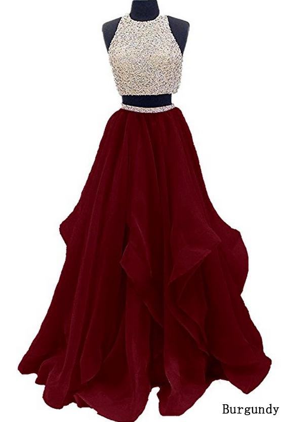 Two Piece Floor Length Burgundy Prom Dress Beaded Open Back Evening Gown DM603