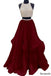 Two Piece Floor Length Burgundy Prom Dress Beaded Open Back Evening Gown DM603