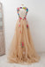 A-line Sleeveless Open Back Appliques Tulle Long Prom Dress Flowers DME81