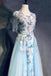 Light Blue Cap Sleeves Prom Dress with Beading, Formal Evening Dress DMN42