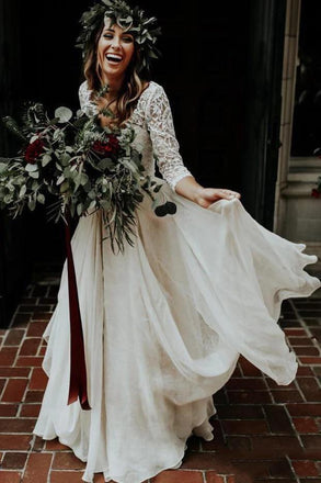 Boho Ivory Chiffon 3/4 Sleeves Two Piece Cheap Wedding Dress DMN88
