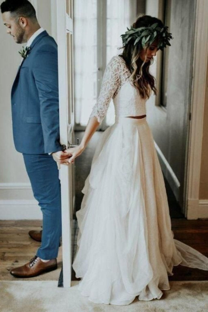 Boho Ivory Chiffon 3/4 Sleeves Two Piece Cheap Wedding Dress DMN88