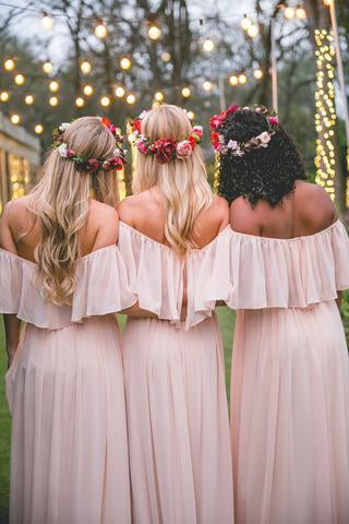 Simple Pink Off the Shoulder Pink Ruffles Long Bridesmaid Dresses DMA55